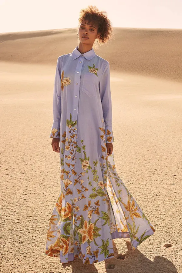 Lavender_Linen_Floral_Print_Flared_Shirt_Dress_For_Women