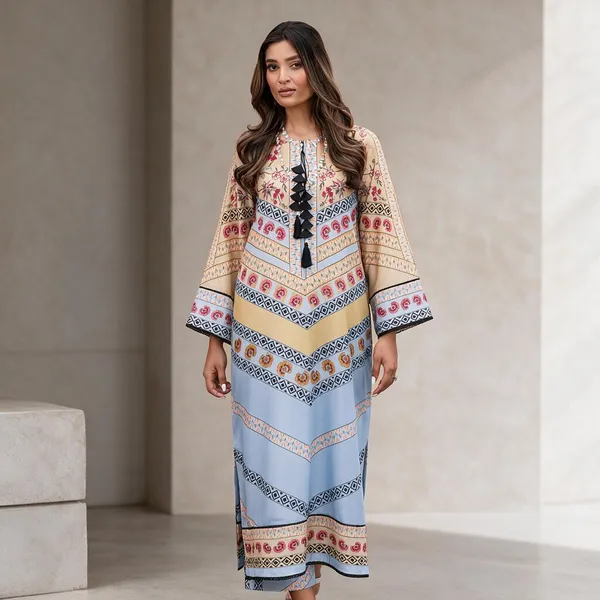 Beige_Korean_Bsy_Printed_Flared_Sleeve_Kurta_Set_For_Women
