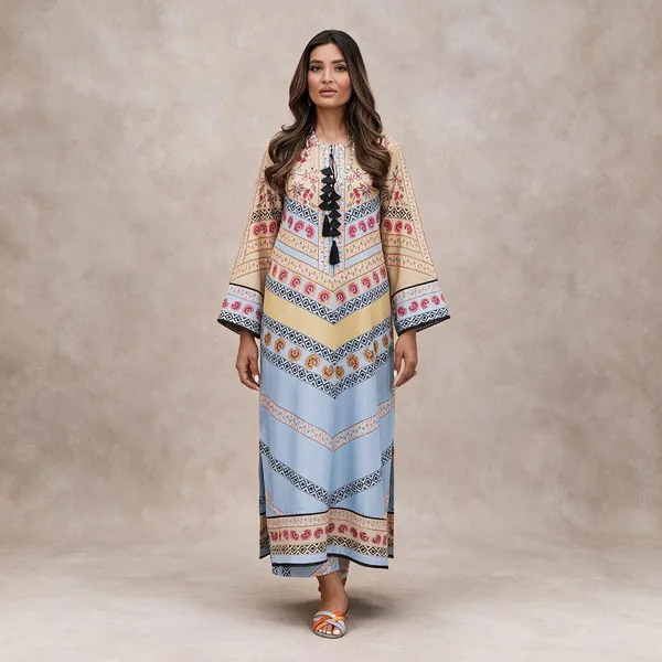 Beige_Korean_Bsy_Printed_Flared_Sleeve_Kurta_Set_For_Women