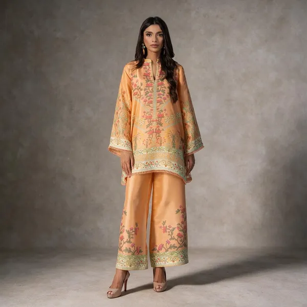 Peach_Korean_Bsy_Printed_Straight_Kurta_Palazzo_Set_For_Women