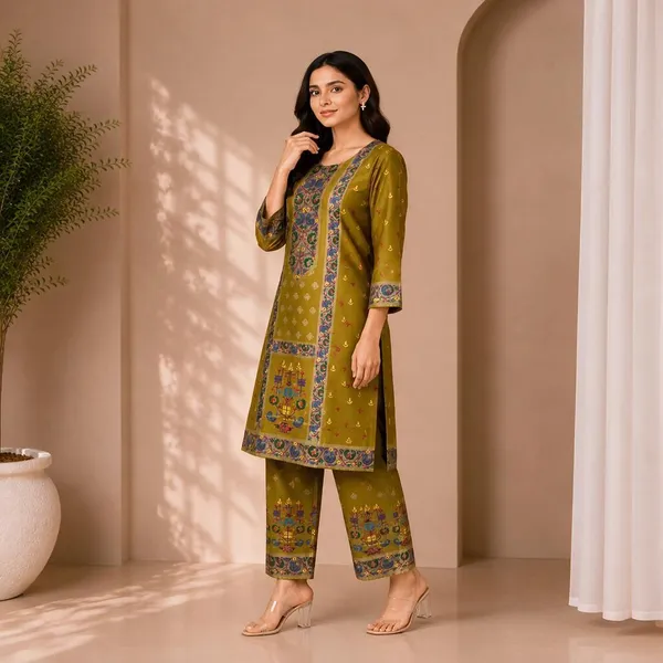 Olive_Rayon_Straight_Printed_Kurta_Set_For_Women