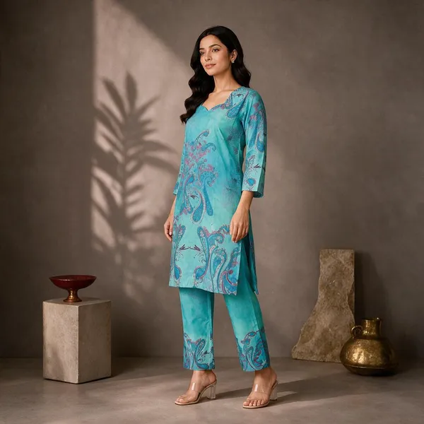 Turquoise_Rayon_Straight_Paisley_Kurta_Set_For_Women
