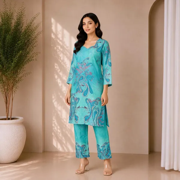 Turquoise_Rayon_Straight_Paisley_Kurta_Set_For_Women