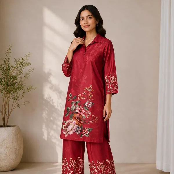 Red_Rayon_Straight_Floral_Kurta_Set_For_Women