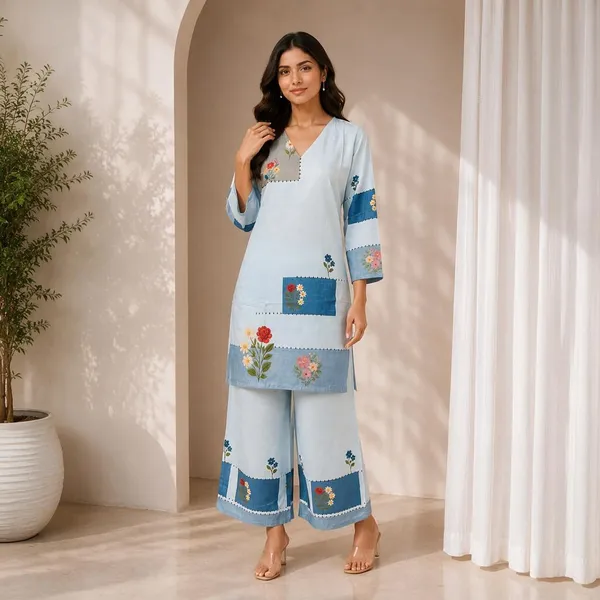 Light_Blue_Rayon_Floral_Straight_Kurta_Set_For_Women