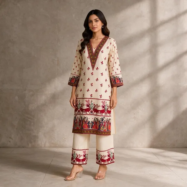 Cream_Rayon_Printed_Straight_Kurta_Pant_Set_For_Women