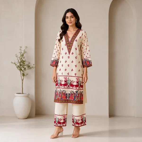 Cream_Rayon_Printed_Straight_Kurta_Pant_Set_For_Women