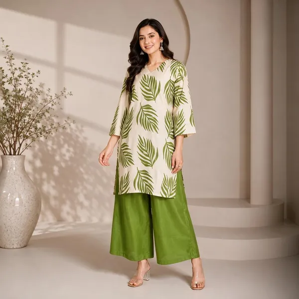 Green_Rayon_Leaf_Print_Straight_Kurta_Set_For_Women