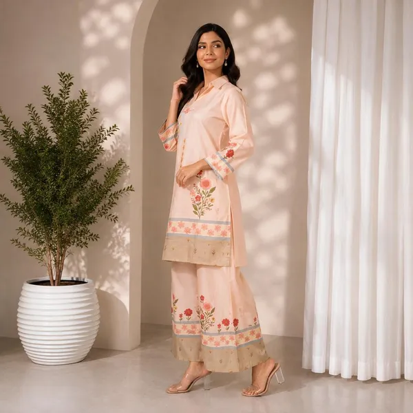 Peach_Rayon_Floral_Print_Straight_Kurta_Palazzo_Set_For_Women