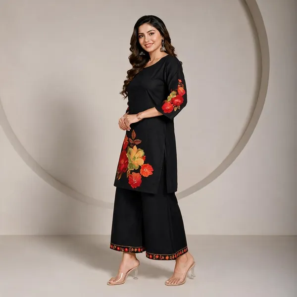 Black_Rayon_Floral_Print_Straight_Kurta_Palazzo_Set_For_Women
