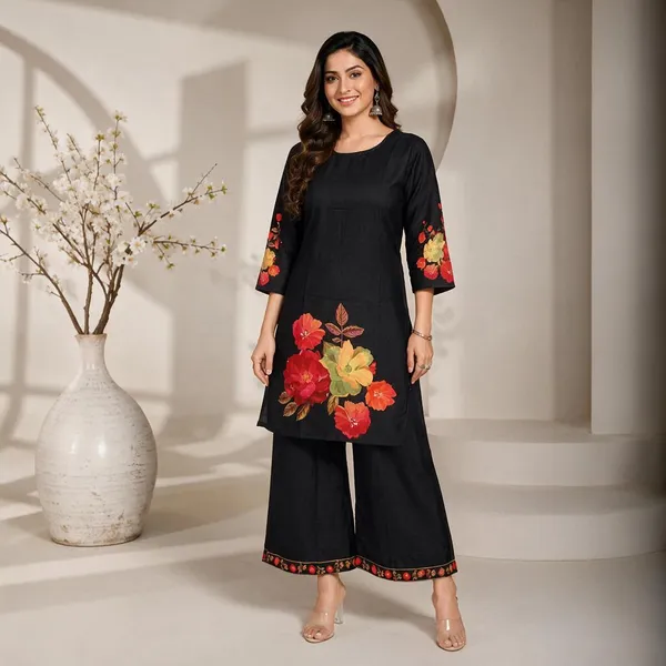 Black_Rayon_Floral_Print_Straight_Kurta_Palazzo_Set_For_Women