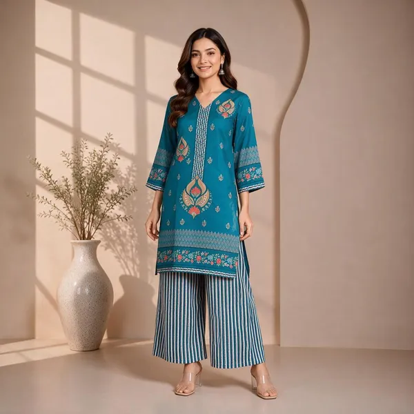 Teal_Rayon_Straight_Printed_Kurta_Set_For_Women