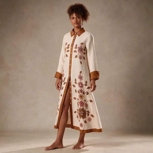 Cream_Linen_Collared_Floral_Straight_Kurta_For_Women