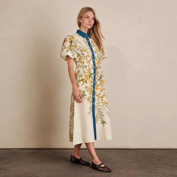 Cream_Linen_Floral_Print_Midi_Shirt_Dress_For_Women