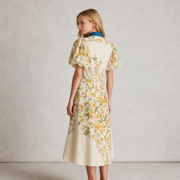 Cream_Linen_Floral_Print_Midi_Shirt_Dress_For_Women