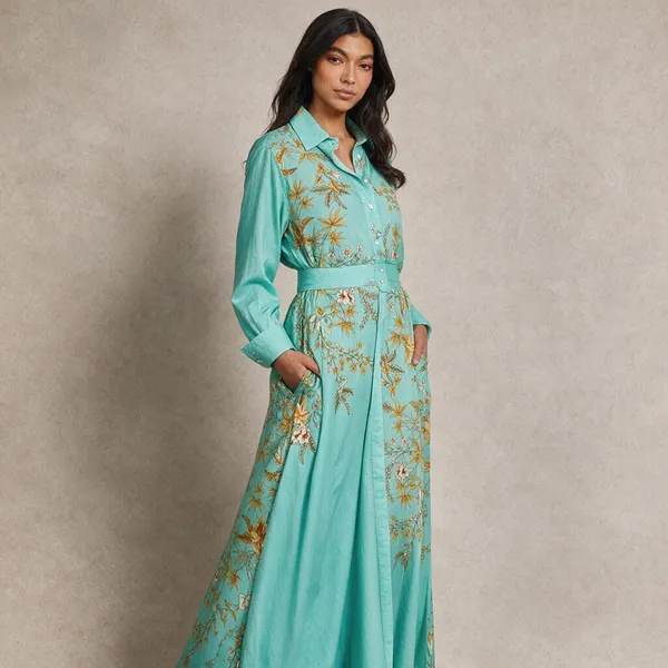 Turquoise_Linen_Printed_Relaxed_Fit_Long_Shirt_Dress_For_Women