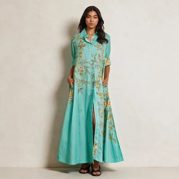 Turquoise_Linen_Printed_Relaxed_Fit_Long_Shirt_Dress_For_Women