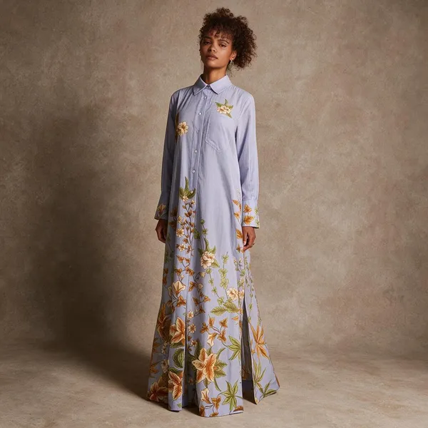 Lavender_Linen_Floral_Print_Flared_Shirt_Dress_For_Women