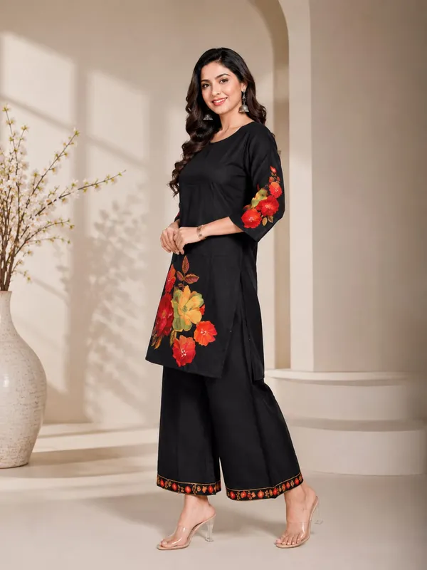 Black_Rayon_Floral_Print_Straight_Kurta_Palazzo_Set_For_Women