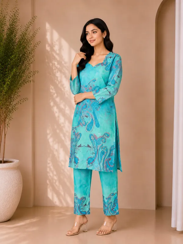 Turquoise_Rayon_Straight_Paisley_Kurta_Set_For_Women