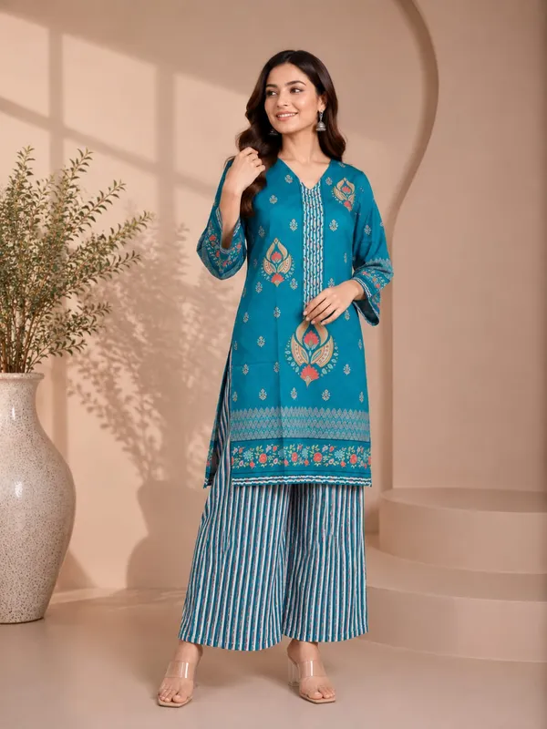 Teal_Rayon_Straight_Printed_Kurta_Set_For_Women