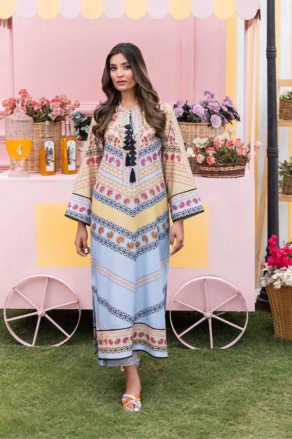 Beige_Korean_Bsy_Printed_Flared_Sleeve_Kurta_Set_For_Women