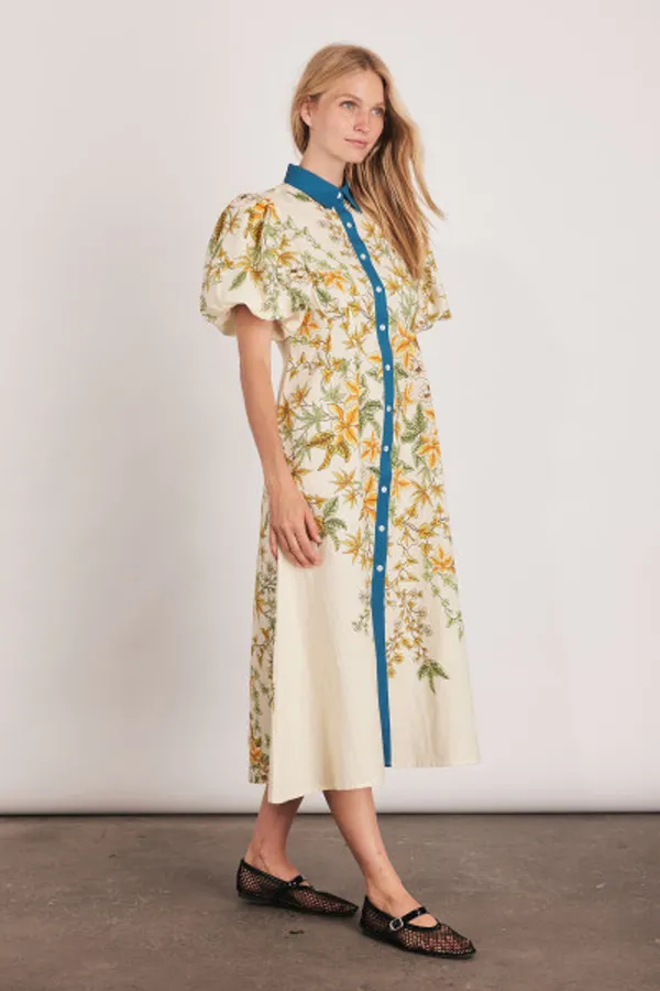 Cream_Linen_Floral_Print_Midi_Shirt_Dress_For_Women