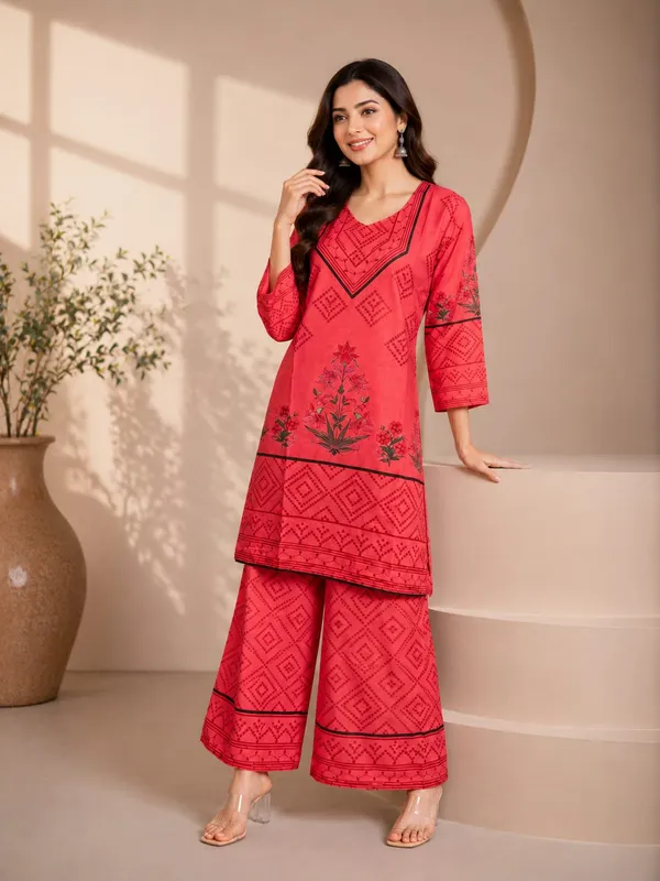 Red_Rayon_Straight_Printed_Kurta_Palazzo_Set_For_Women