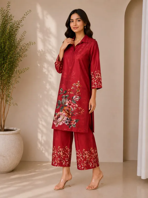 Red_Rayon_Straight_Floral_Kurta_Set_For_Women