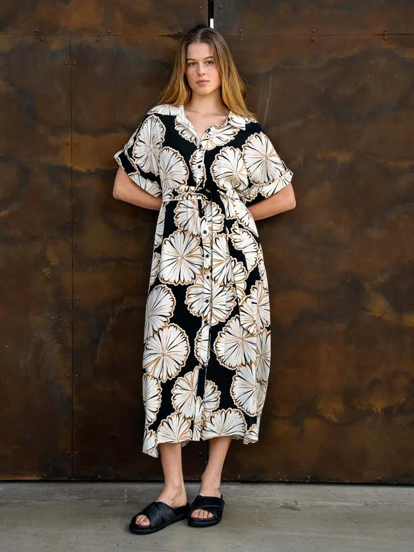 Black_Linen_Floral_Print_Midi_Dress_For_Women