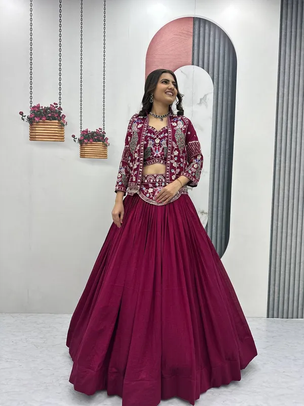Maroon_Embroidered_Flared_Lehenga_Set_For_Women