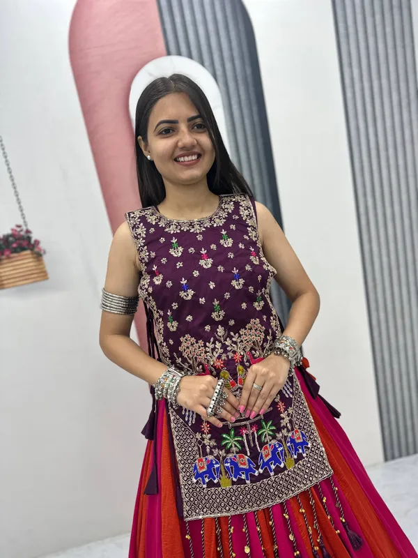 Wine_Embroidered_Sleeveless_Lehenga_Set_For_Women