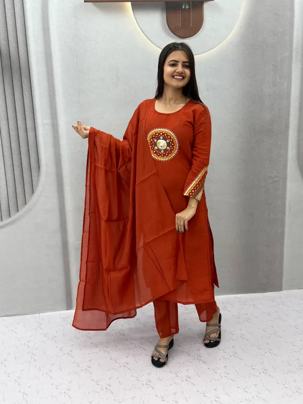 Rust_Embroidered_Straight_Kurta_Set_For_Women