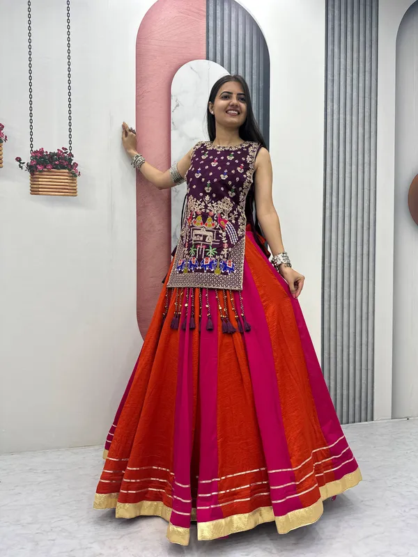 Wine_Embroidered_Sleeveless_Lehenga_Set_For_Women