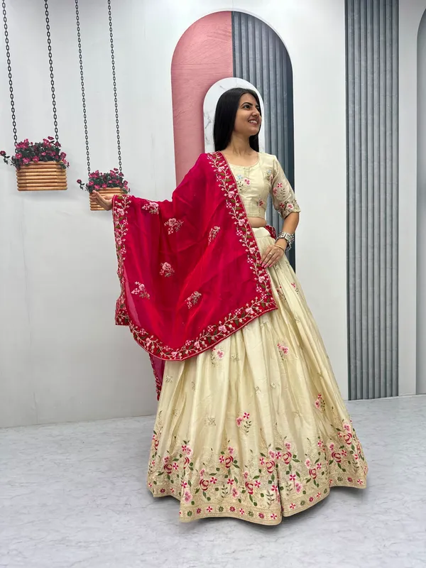 Cream_Embroidered_Lehenga_Choli_Set_For_Women