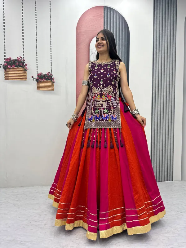 Wine_Embroidered_Sleeveless_Lehenga_Set_For_Women