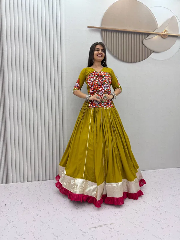 Olive_Green_Printed_Flared_Lehenga_Choli_For_Women