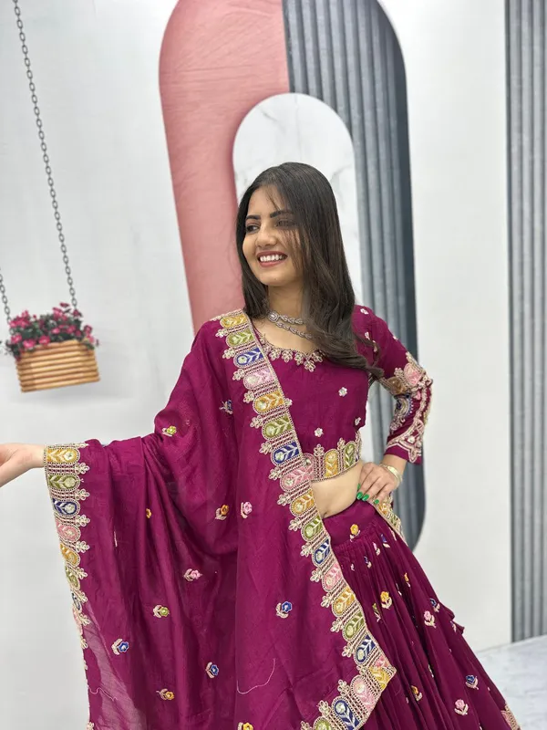 Maroon_Embroidered_Flared_Lehenga_Choli_Set_For_Women