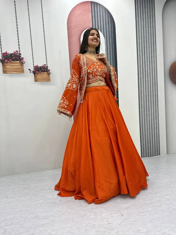 Orange_Embroidered_Flared_Lehenga_Choli_Set_For_Women