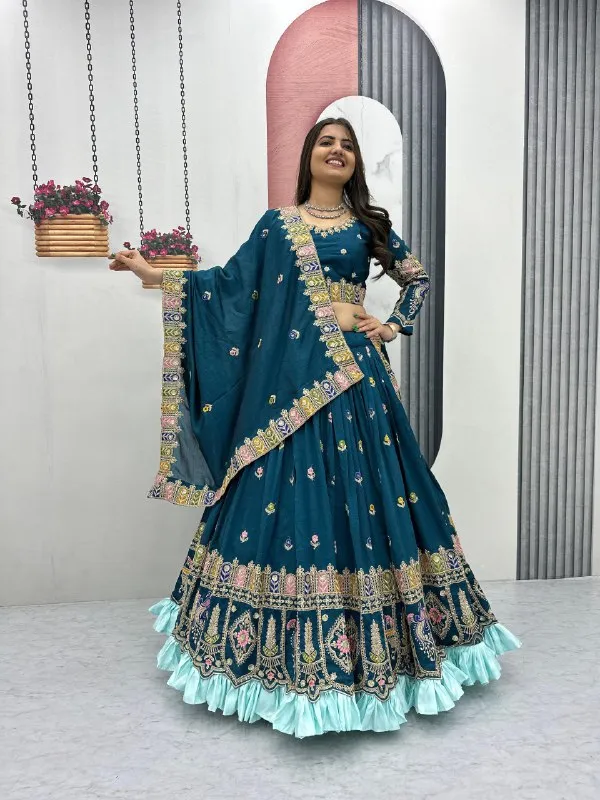 Teal_Embroidered_Flared_Lehenga_Choli_Set_For_Women