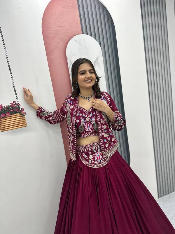 Maroon_Embroidered_Flared_Lehenga_Set_For_Women