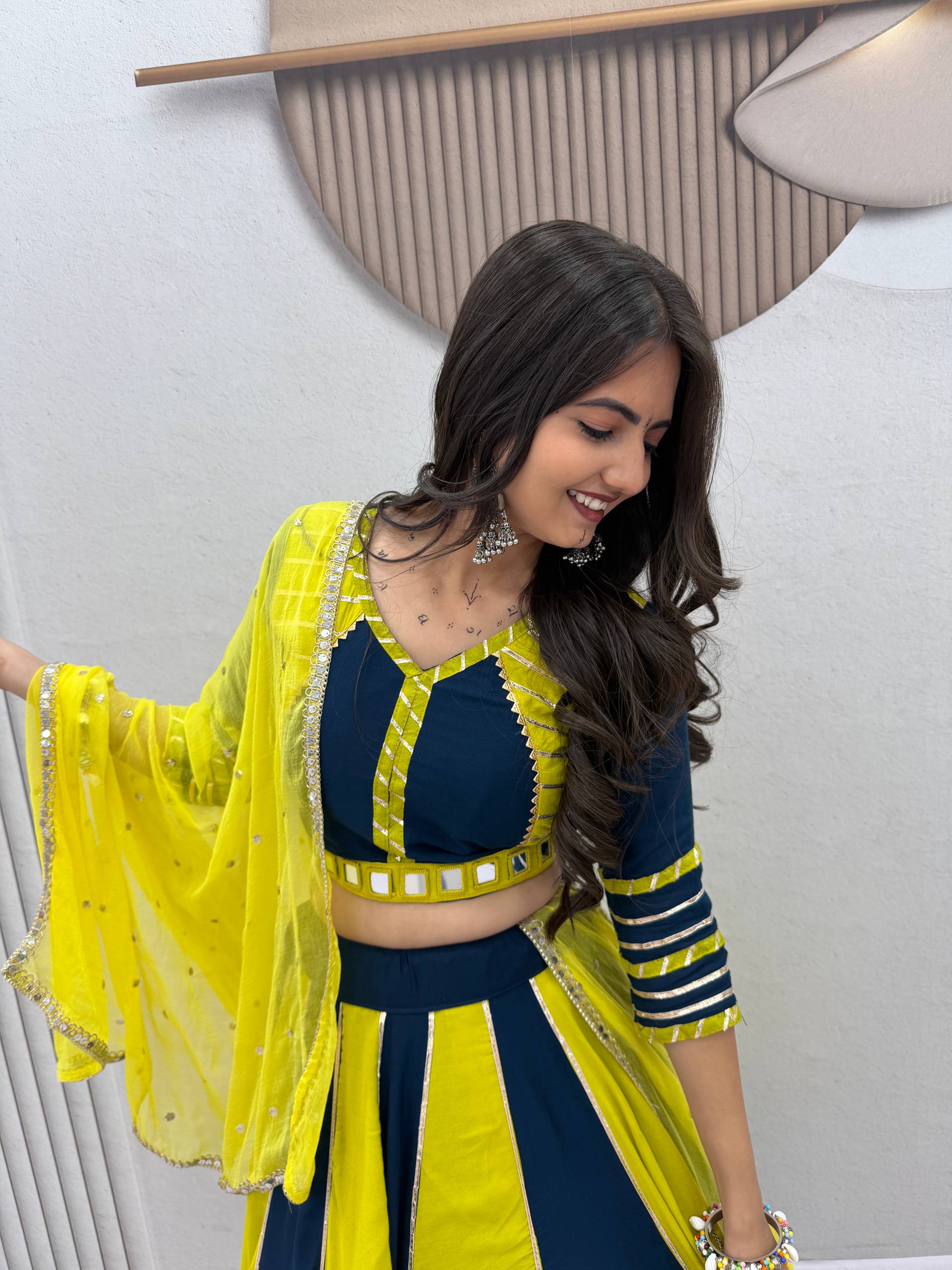 Yellow_Navy_Blue_Flared_Lehenga_Choli_Set_For_Women