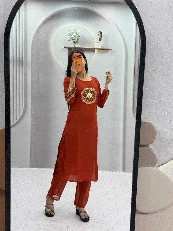 Rust_Embroidered_Straight_Kurta_Set_For_Women