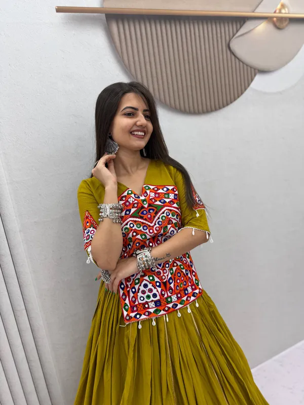 Olive_Green_Printed_Flared_Lehenga_Choli_For_Women