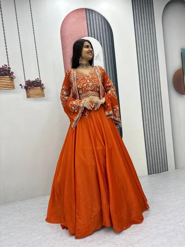Orange_Embroidered_Flared_Lehenga_Choli_Set_For_Women