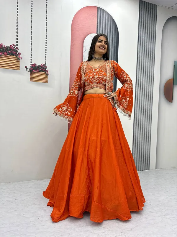 Orange_Embroidered_Flared_Lehenga_Choli_Set_For_Women