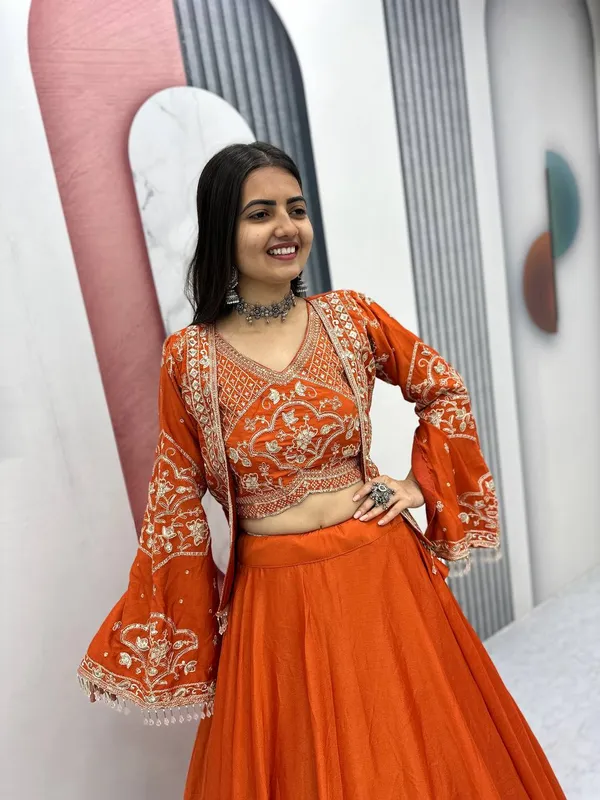 Orange_Embroidered_Flared_Lehenga_Choli_Set_For_Women