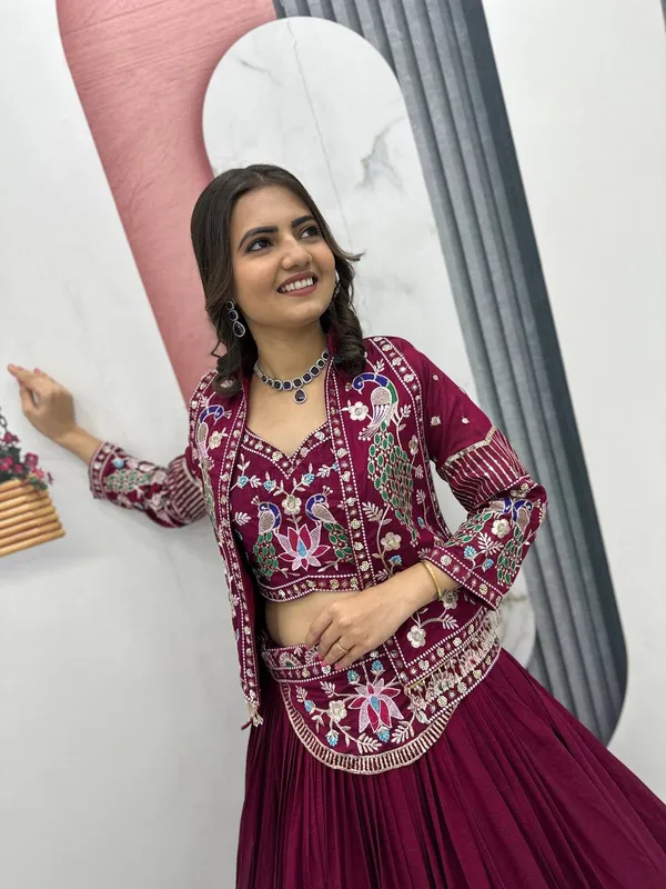 Maroon_Embroidered_Flared_Lehenga_Set_For_Women