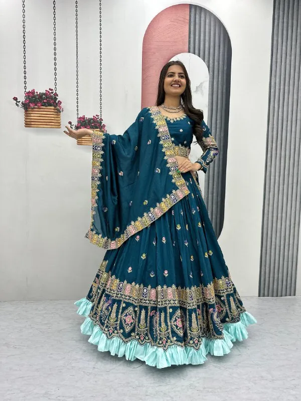Teal_Embroidered_Flared_Lehenga_Choli_Set_For_Women