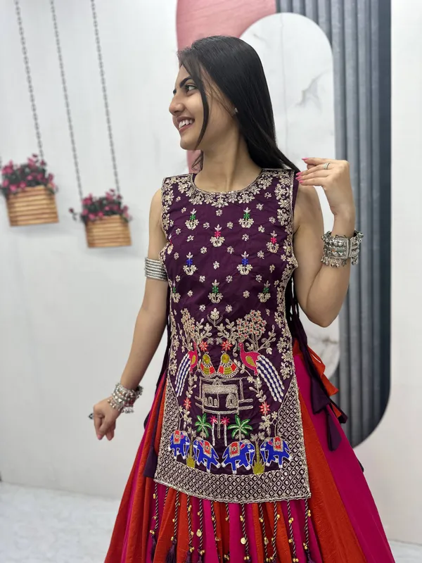 Wine_Embroidered_Sleeveless_Lehenga_Set_For_Women